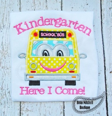 Kindergarten here I come with a school Bus Applique Embroidery Design